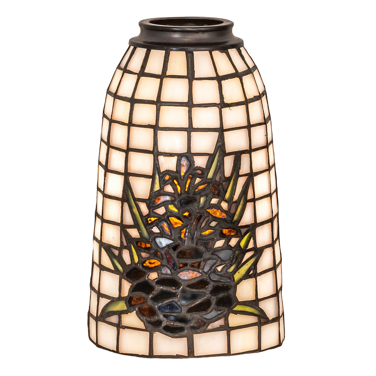 Illuminated view of the Pine Barons shade emitting a warm, inviting glow.