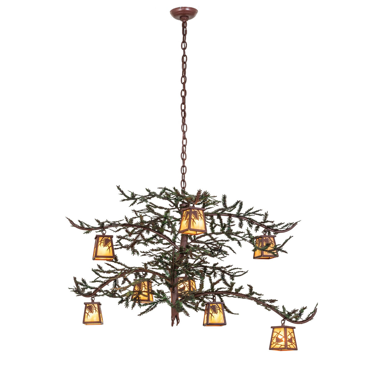 Full view of chandelier with hanging chain, showcasing lantern spacing and branch structure.