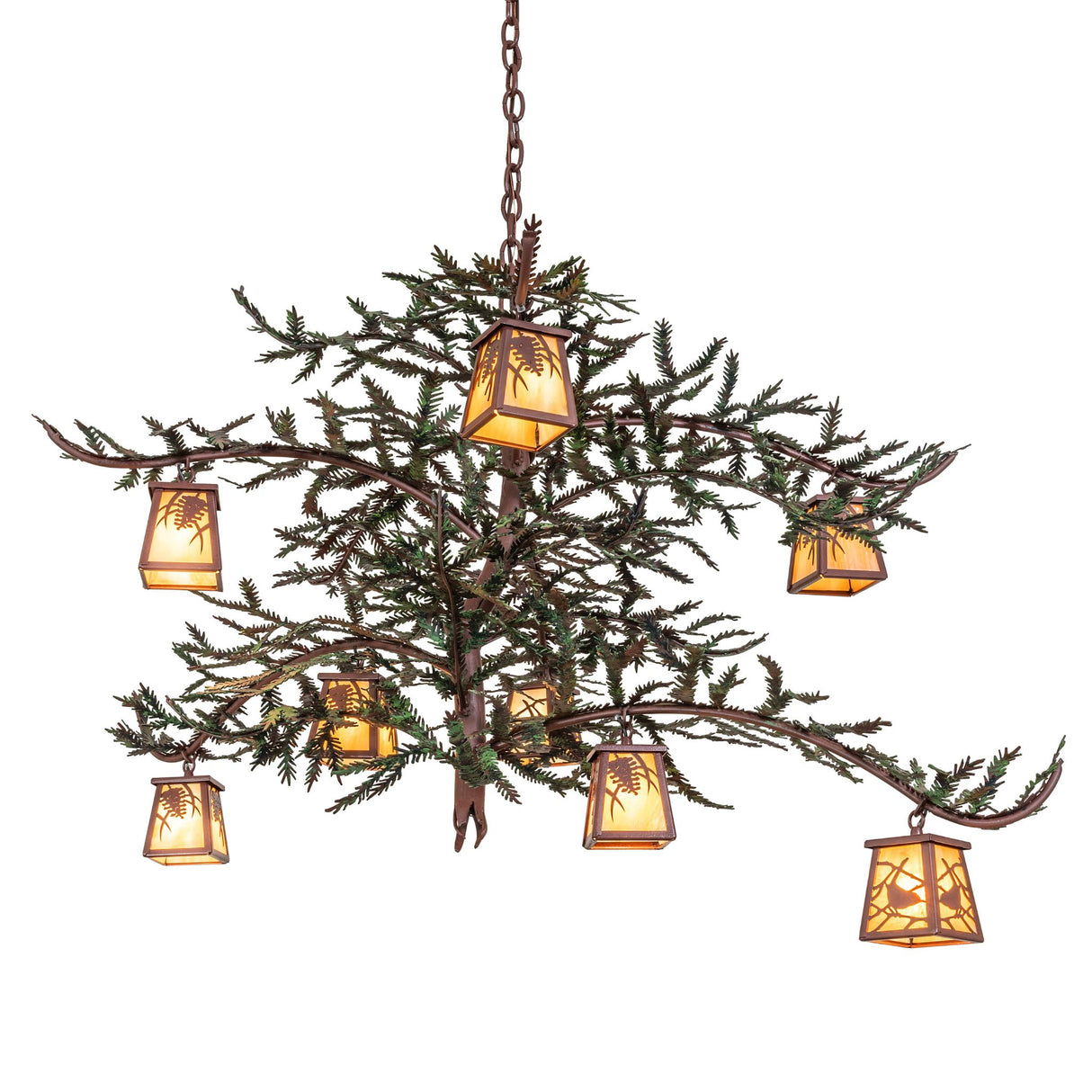 Pine branch chandelier fully lit, featuring glowing iridescent glass lanterns on rustic branch arms.