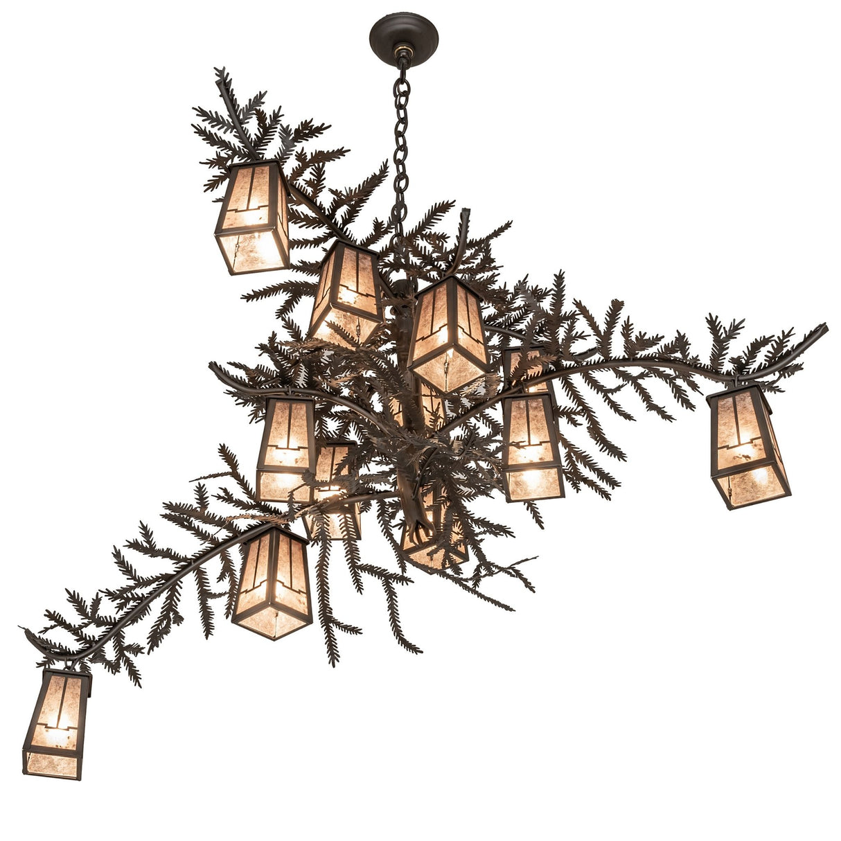 Bottom angled view highlighting lantern arrangement and branching metal arms.