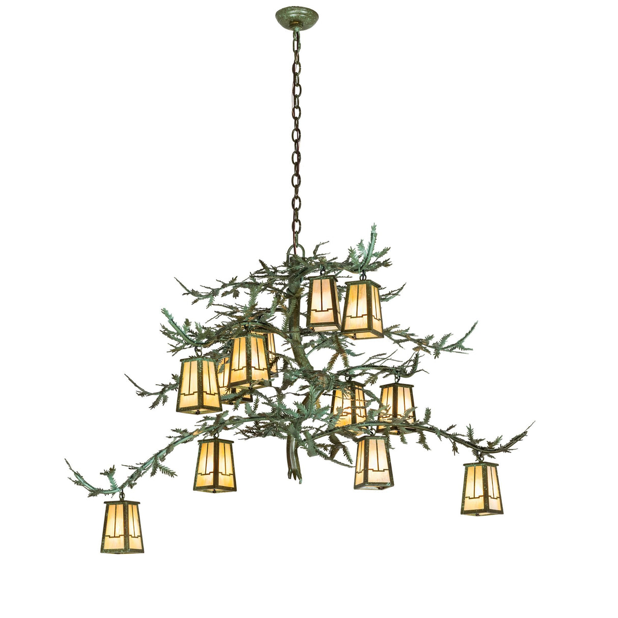 Full view of the pine branch chandelier with layered lanterns on sculpted branches.