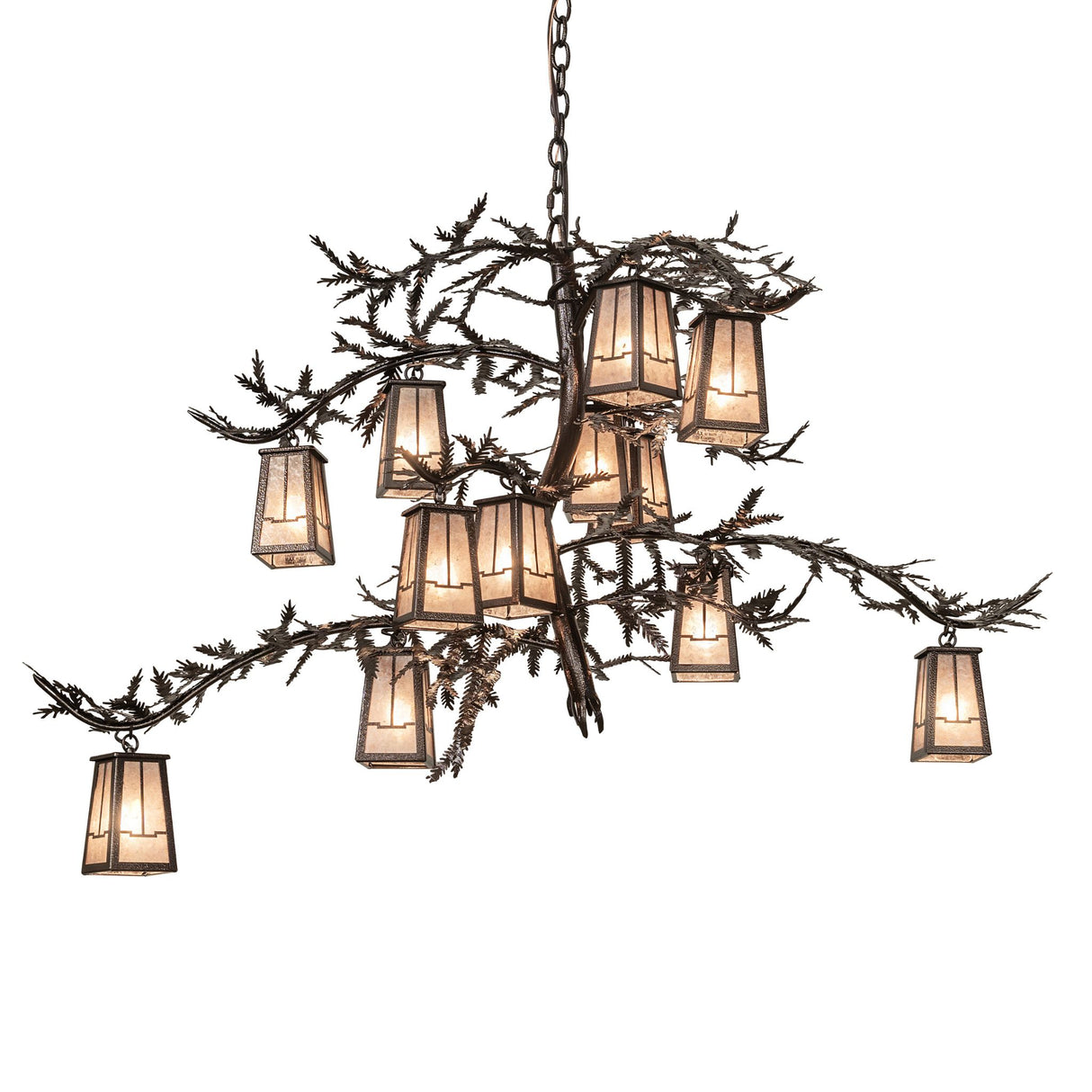 Pine Branch 12 light chandelier lit with silver mica lanterns and pine branch metal arms.