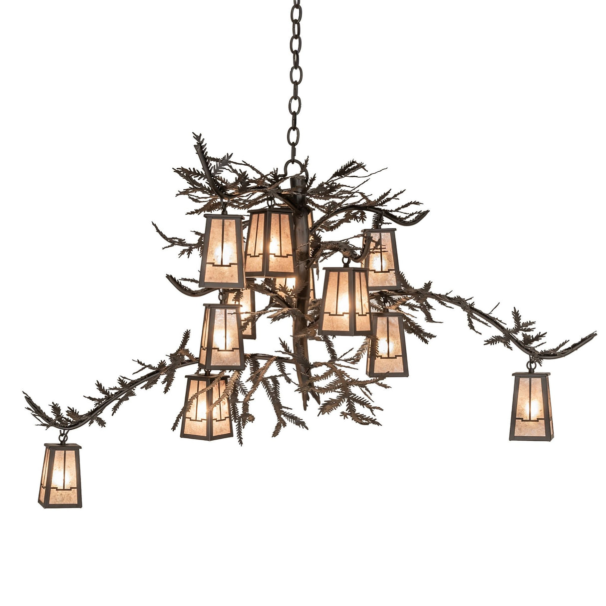 Side view showing layered pine branches and hanging lantern lights.