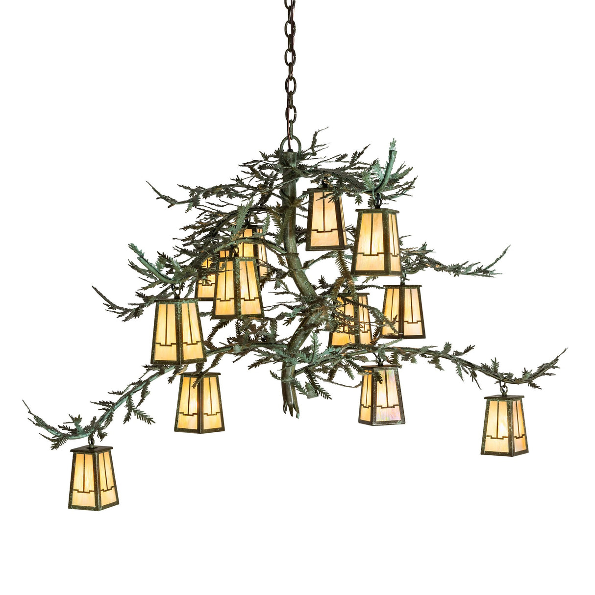 Side angle perspective showing pine needle metal accents and lanterns.