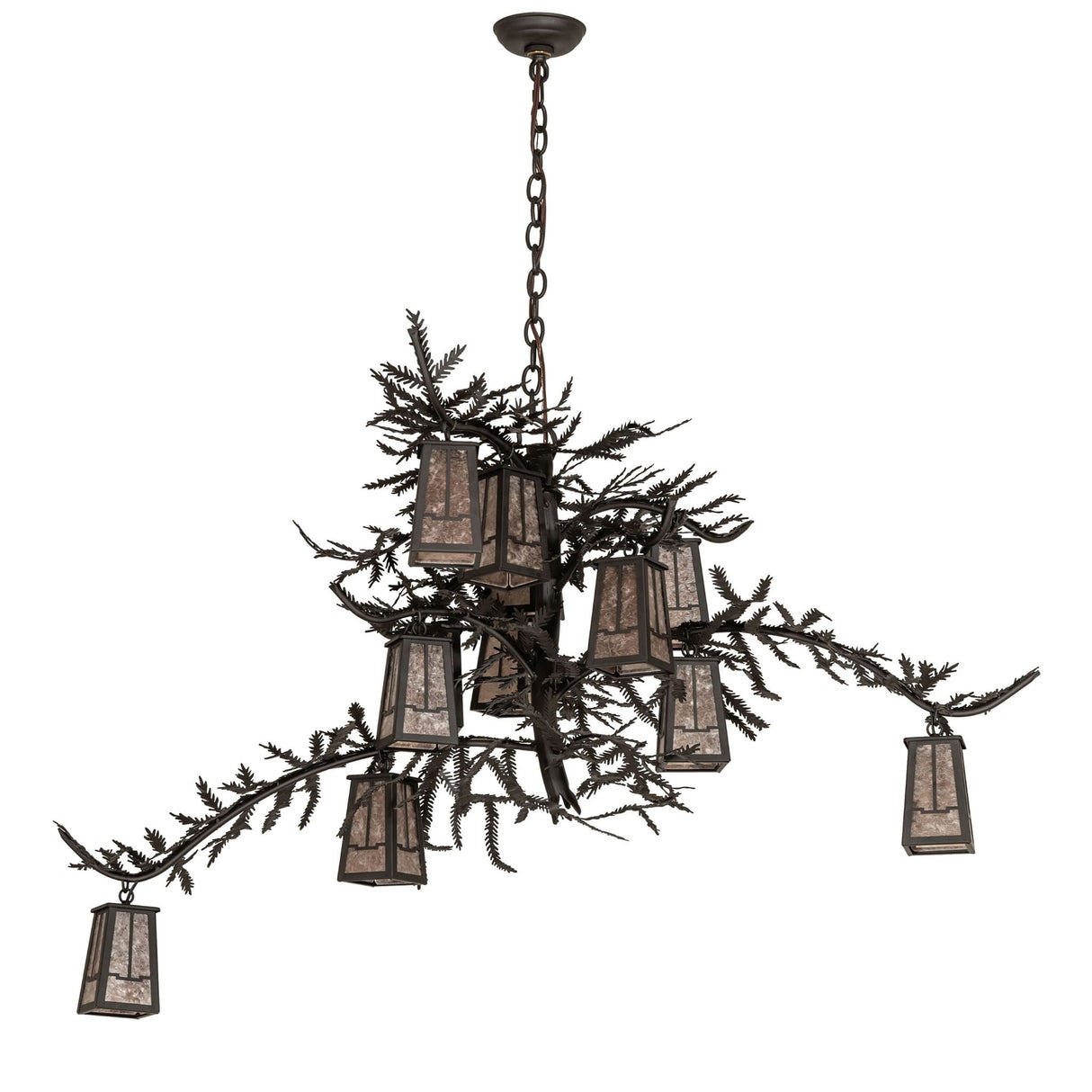 Unlit view of pine branch chandelier showing natural branch form and lantern layout.