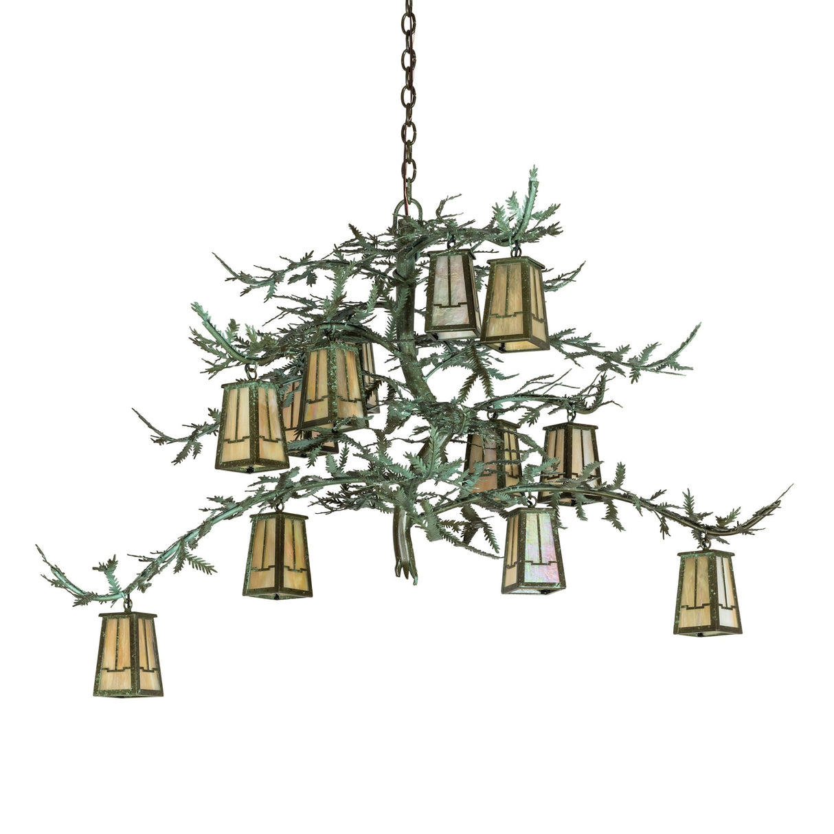 Unlit pine branch chandelier with twelve lantern-style glass shades.