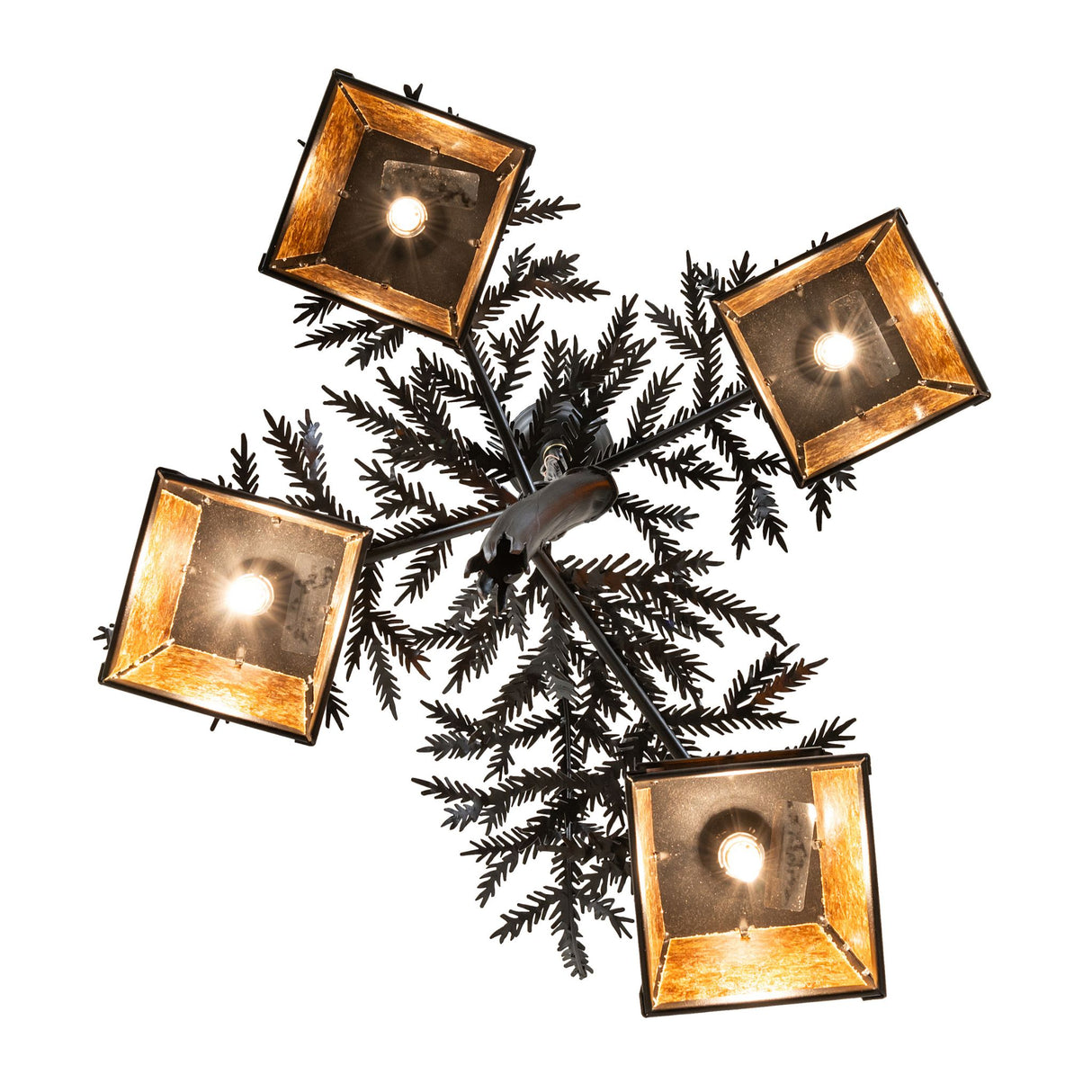 Bottom view showing square amber mica lantern bases and interior bulb placement.