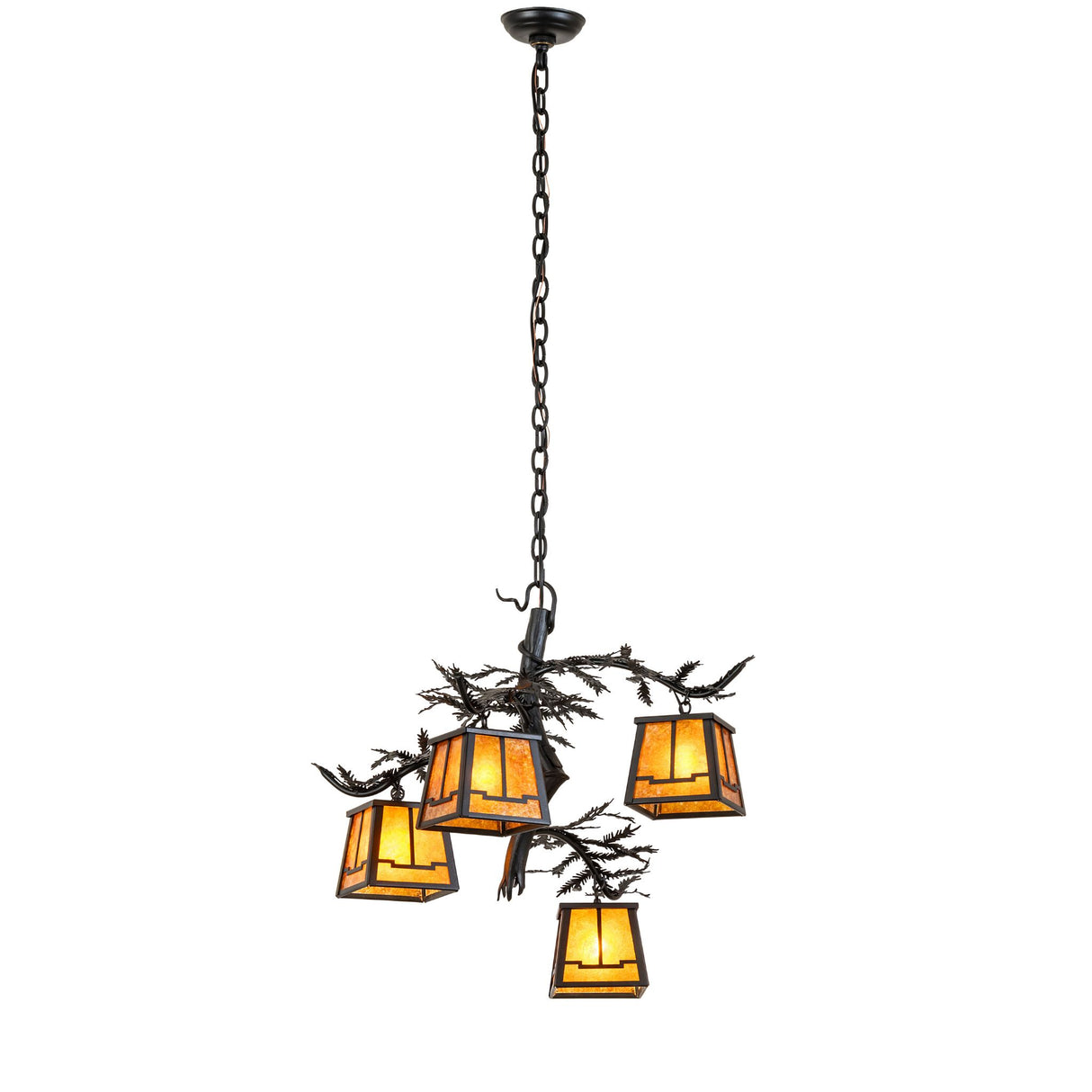 Full hanging view showing adjustable chain length and balanced lantern arrangement.