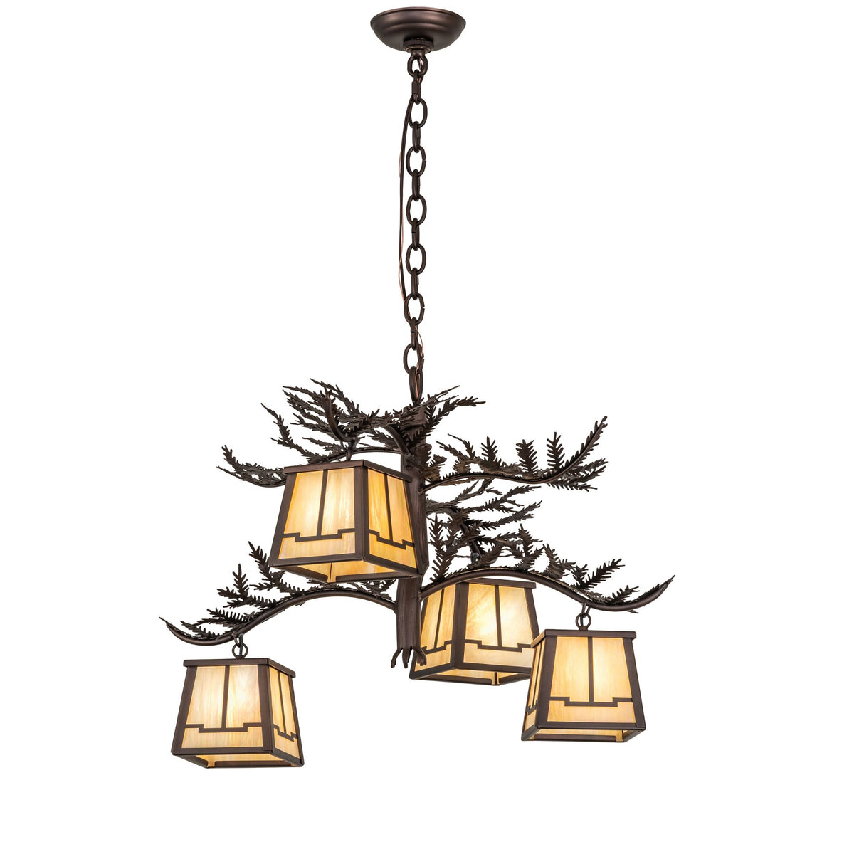 Full view of Chandelier with iridescent glass lanterns and pine branch frame.
