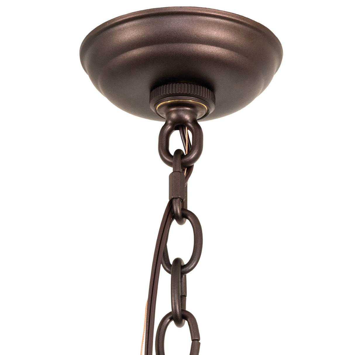 Mounting canopy and chain suspension detail of Pine Branch Valley View chandelier.