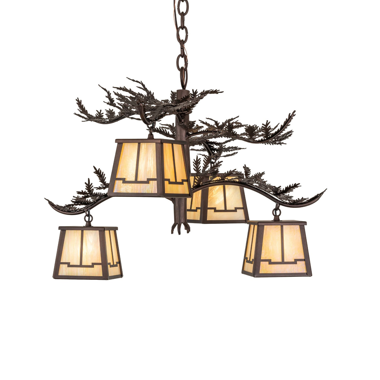 Side angle view of chandelier with four hanging lanterns.