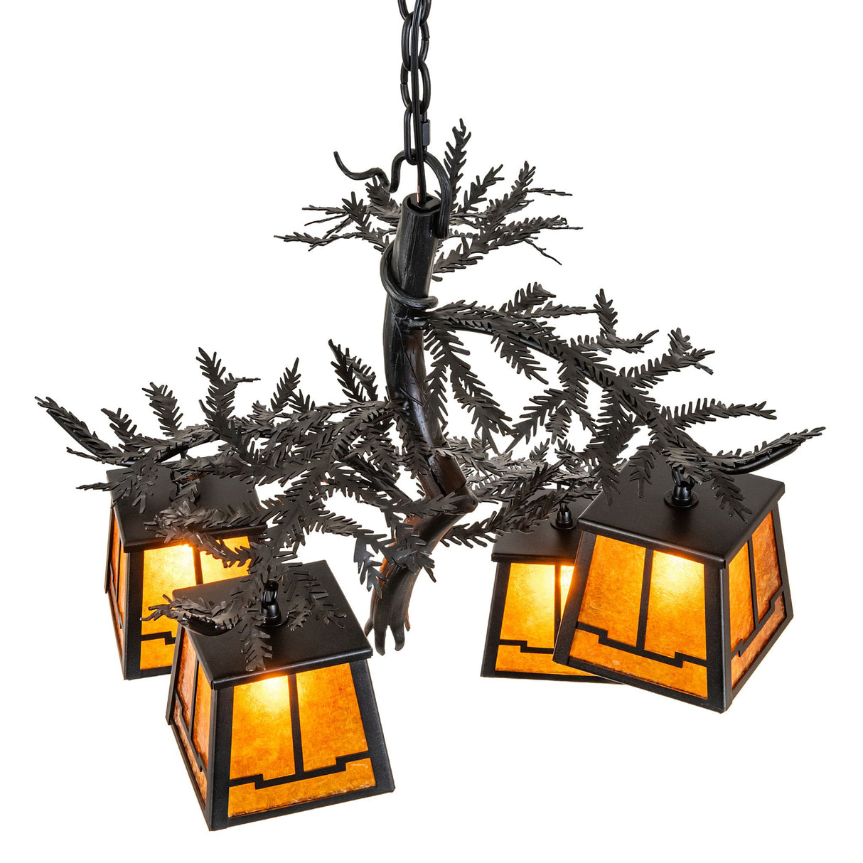 Top angle highlighting pine branch metal arms, lantern tops, and central suspension structure.