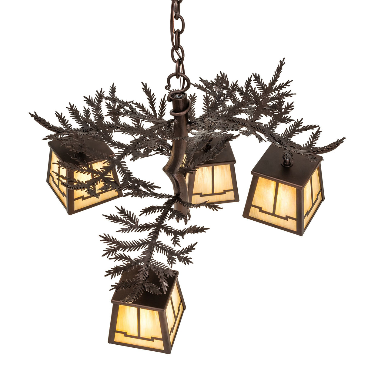 Top angle view of chandelier showing pine needle detailing.