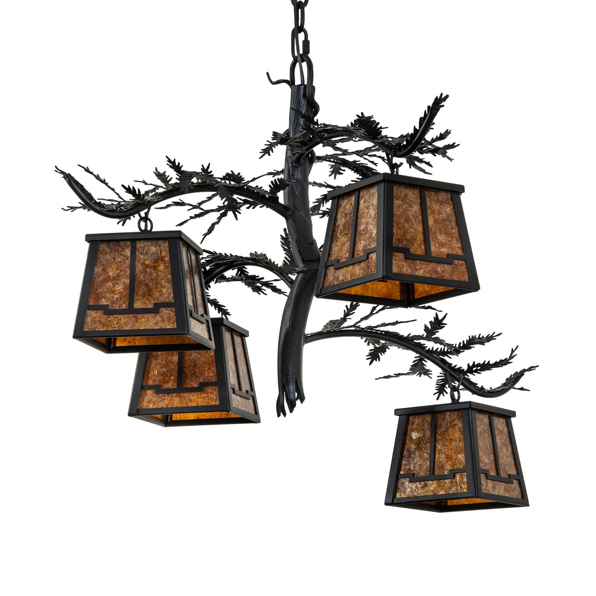 Unlit view featuring amber mica lantern shades and metal arms in textured black finish.