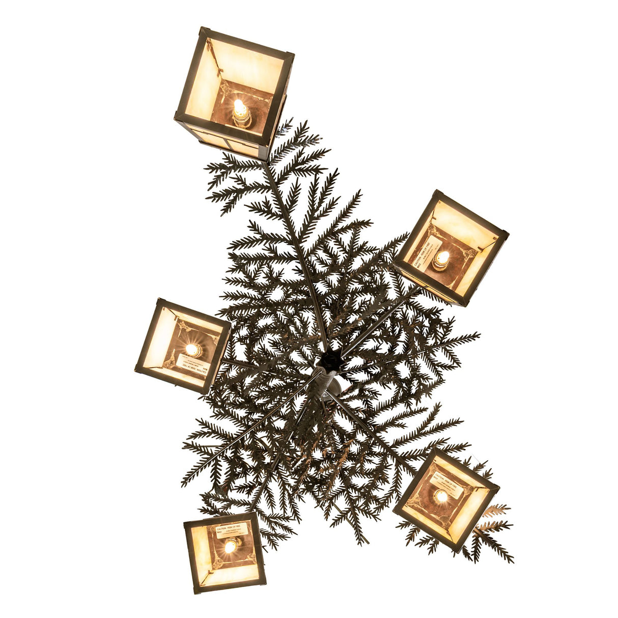 Bottom view of Pine Branch Valley View chandelier with five lantern lights.