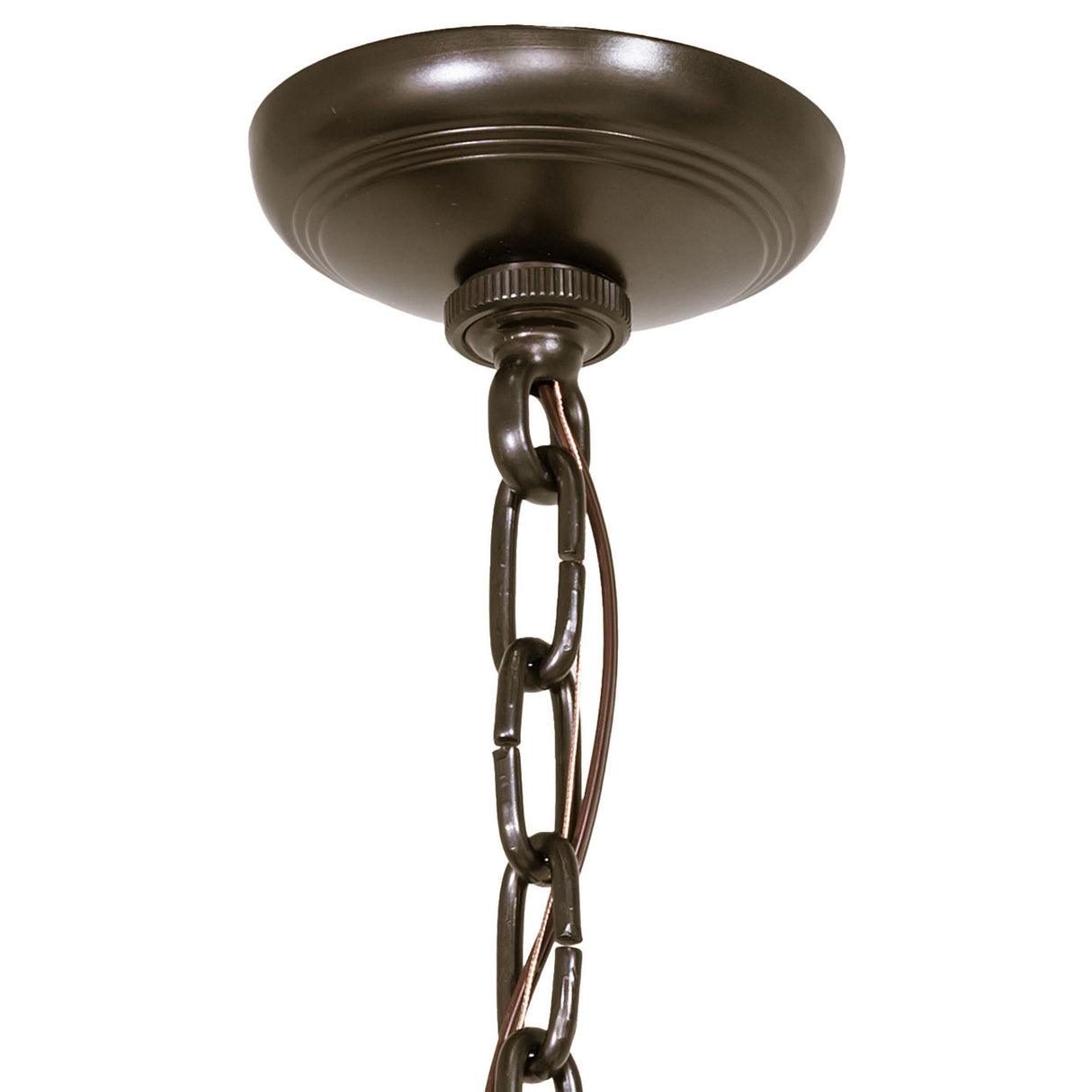 Ceiling canopy and adjustable chain detail of Pine Branch Valley View chandelier.