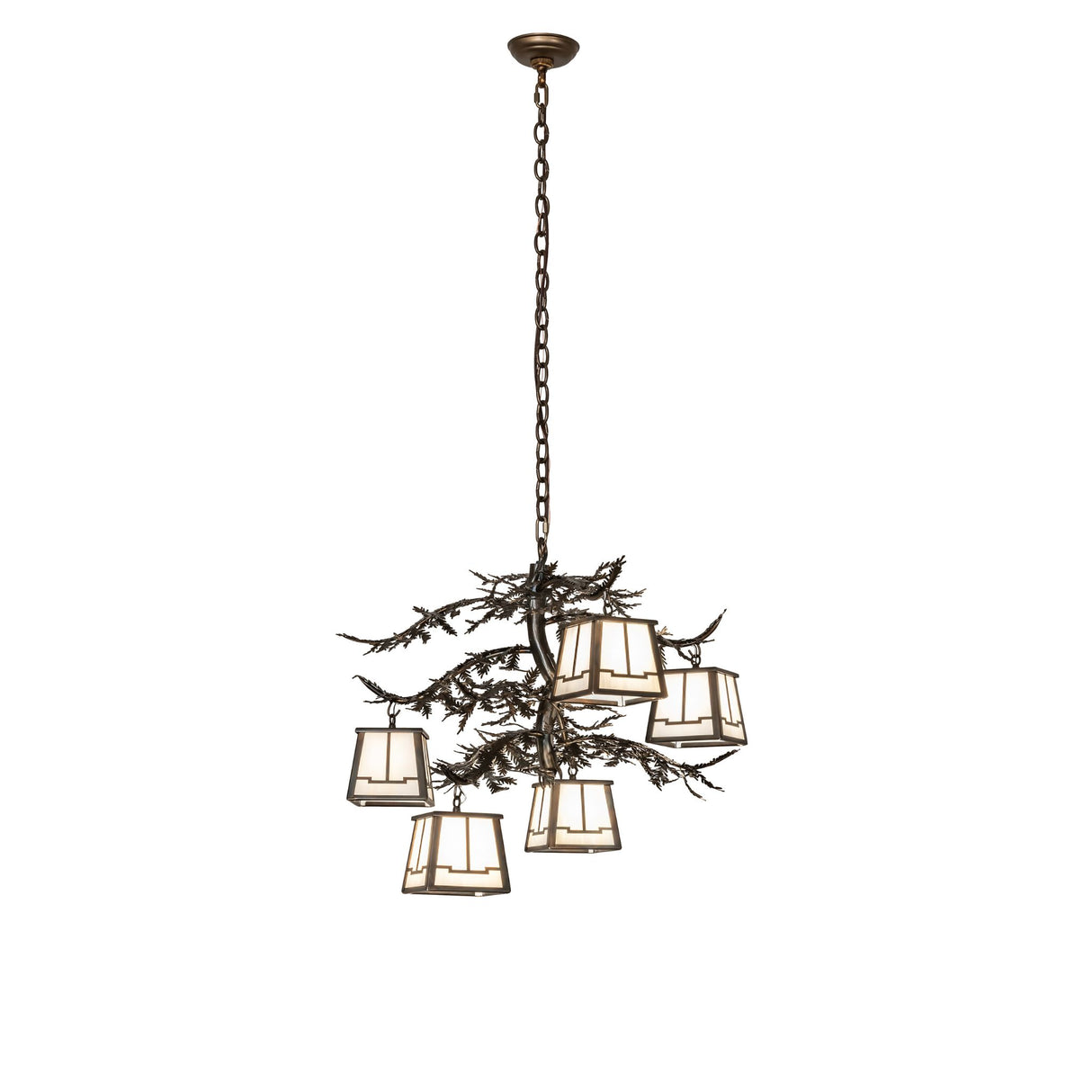 Full view of the 5 Light chandelier showing canopy, chain, and lantern layout.