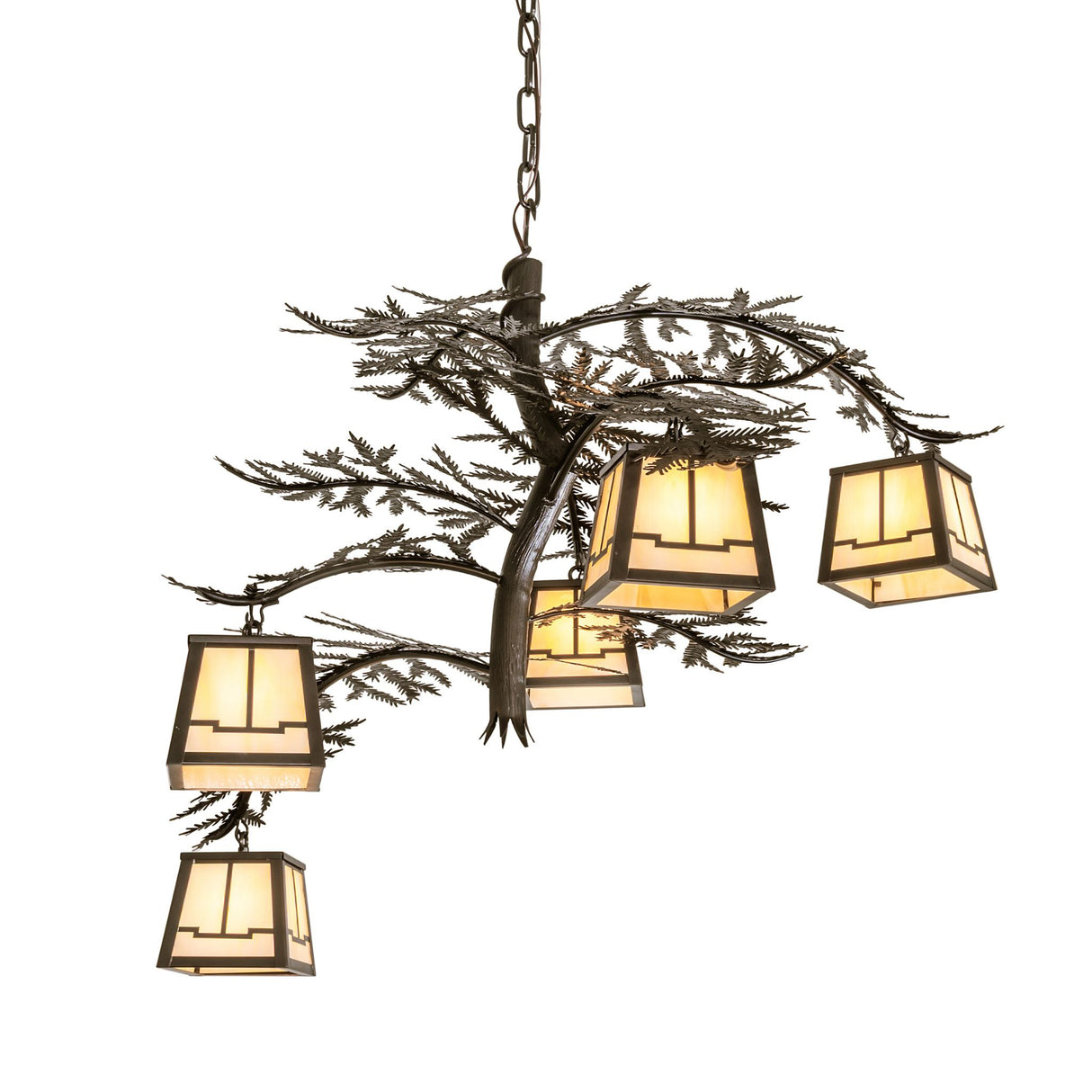 Lit view chandelier with five art glass lanterns and pine needle metal accents.