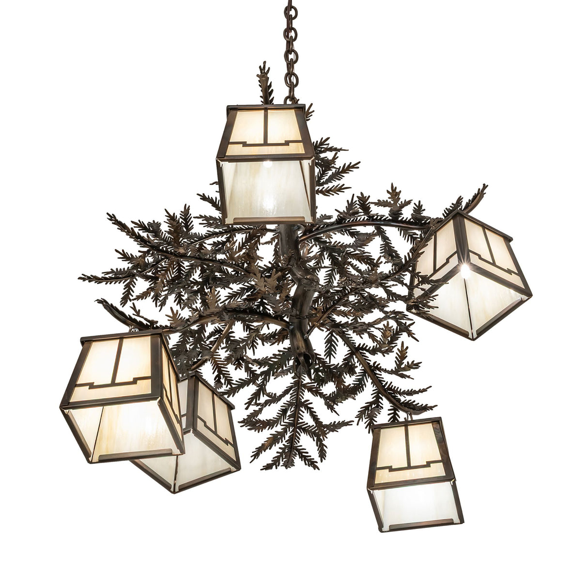 Upward angled view of chandelier showing art glass lantern underside.