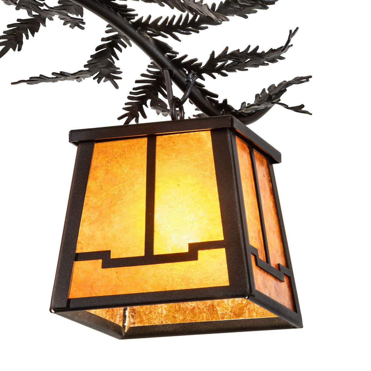 Close-up of lantern shade in textured black metal with geometric Arts and Crafts styling.