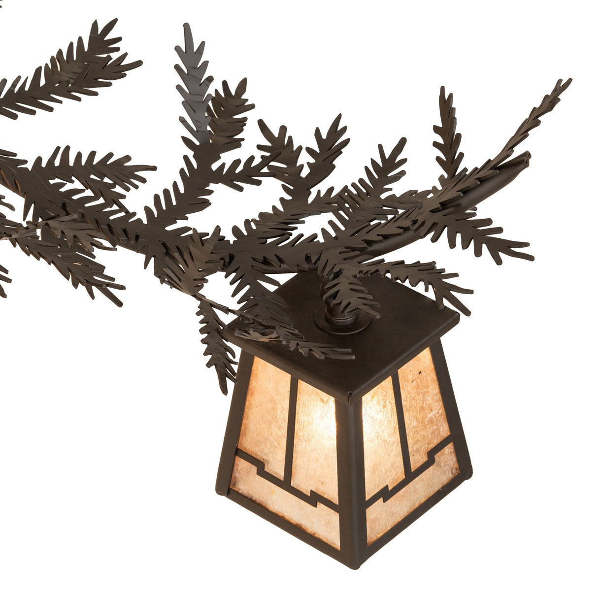 Close-up detail of arm and lantern with pine needle accents on Valley View chandelier.