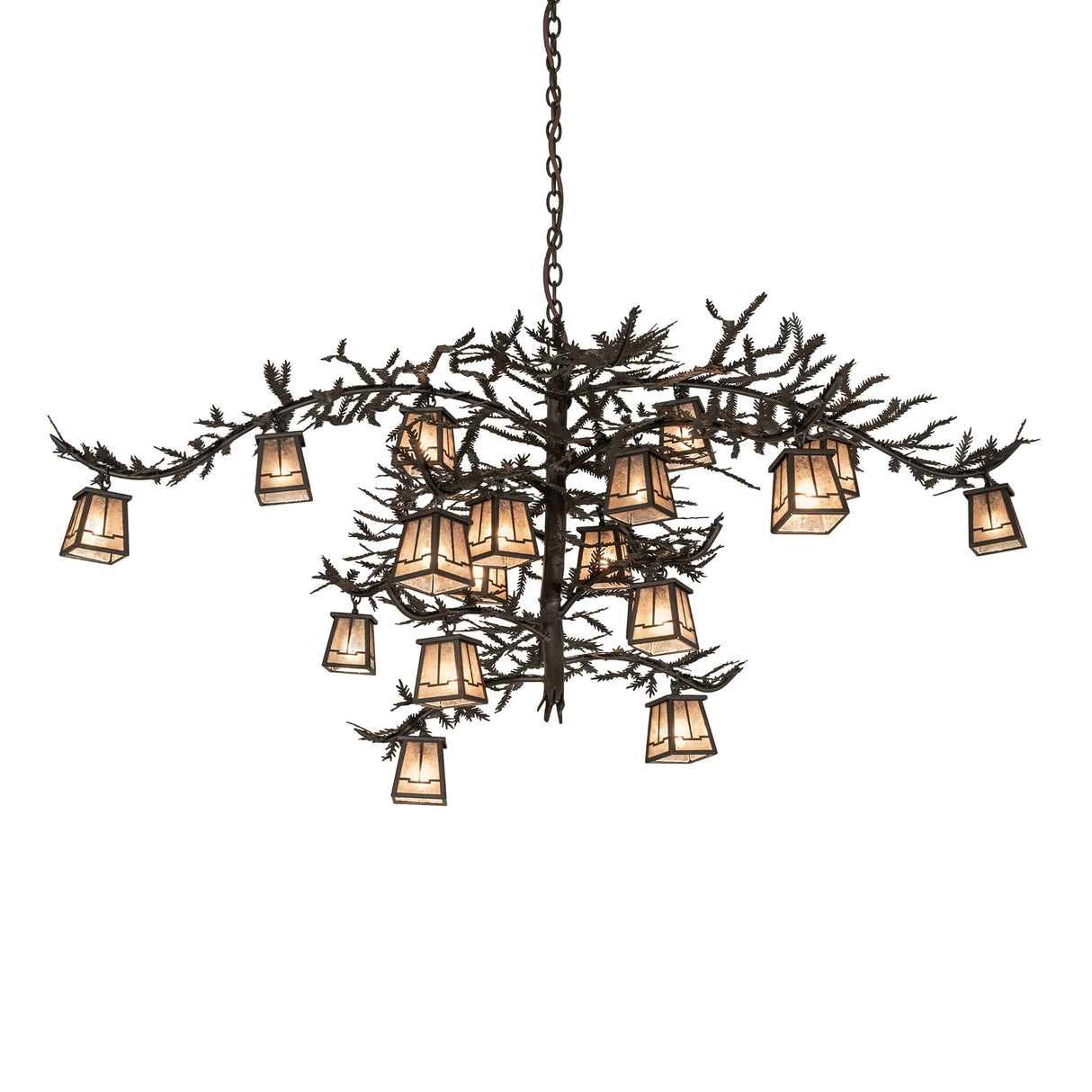 Pine branch 18-light chandelier lit view showing pine branch design and glowing lanterns.