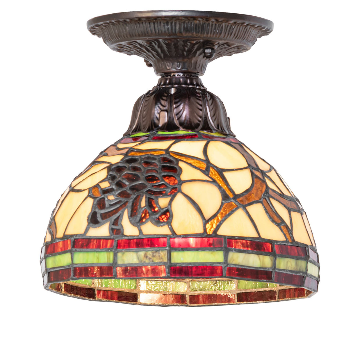 Angled view of the 8-inch Pinecone Flushmount with stained glass design.