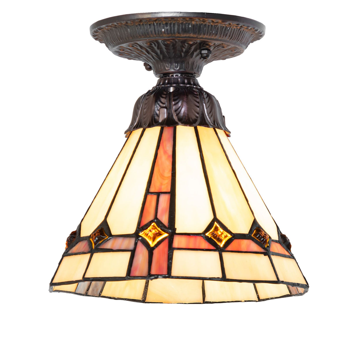 front view of pinecone flushmount with rustic stained glass design.