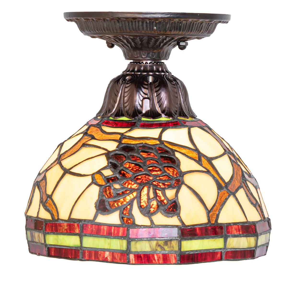 Front view displaying the vibrant pinecone design on the stained glass Flushmount.