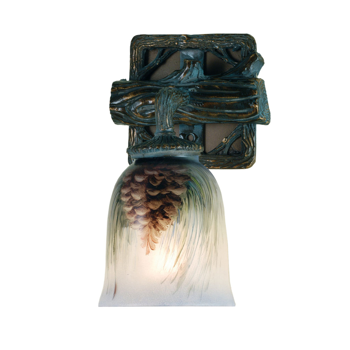 Elegant wall light with a hand-painted pine cone and branch design, featuring a golden finish and blue backdrop.
