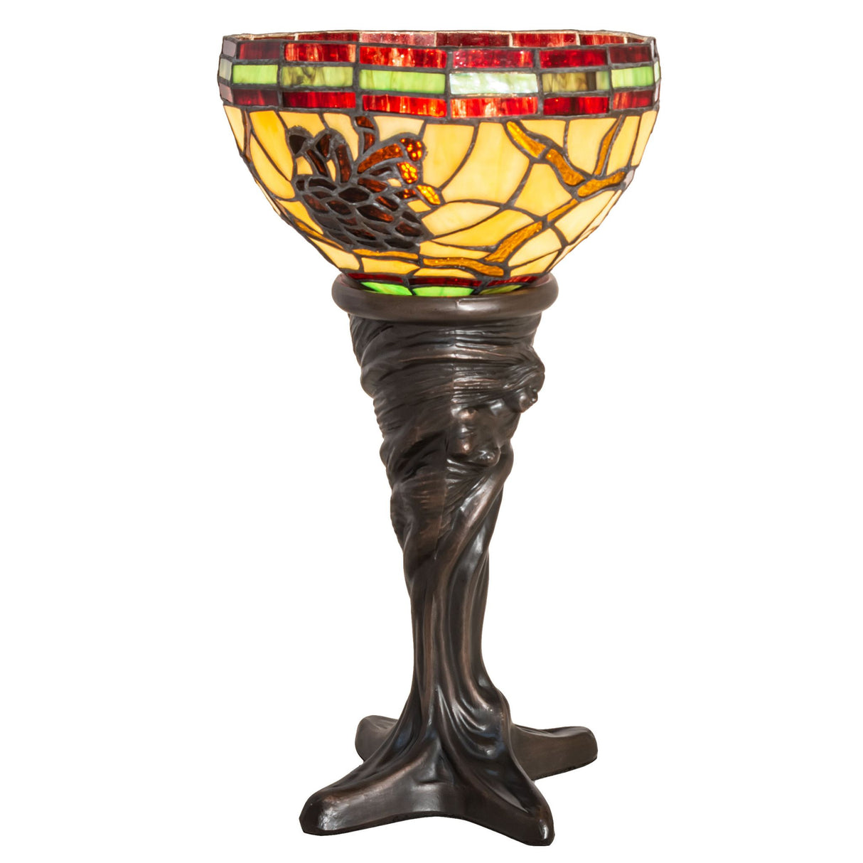 Pinecone Mini Lamp with illuminated Tiffany-style-stained glass shade, with natural pinecone design.