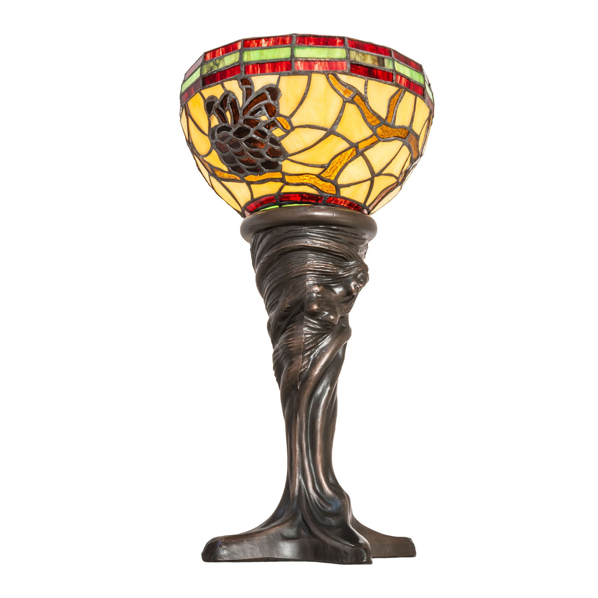 Side view of the Pinecone Mini Lamp, displaying its richly detailed glasswork and sculpted bronze base.