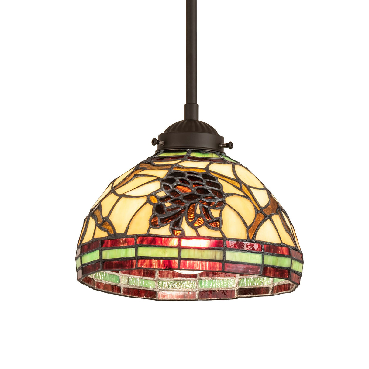 Front view of the 7.5" wide Pinecone mini pendant with a beige art glass shade.