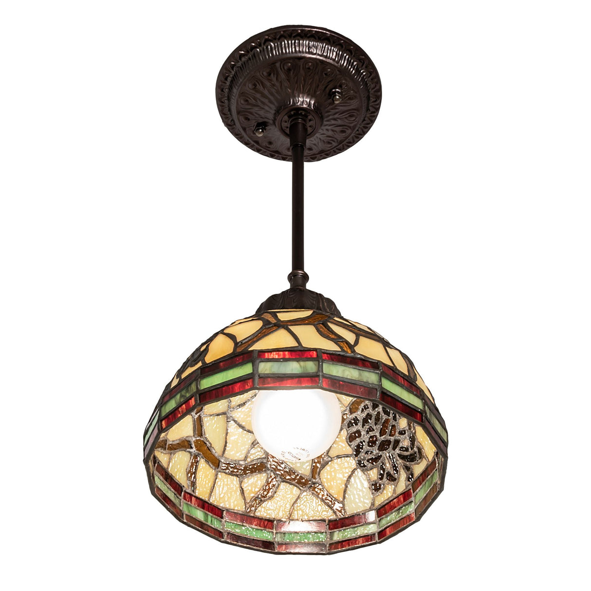 Bottom angled view of pinecone mini pendant with warm tones and natural motif.