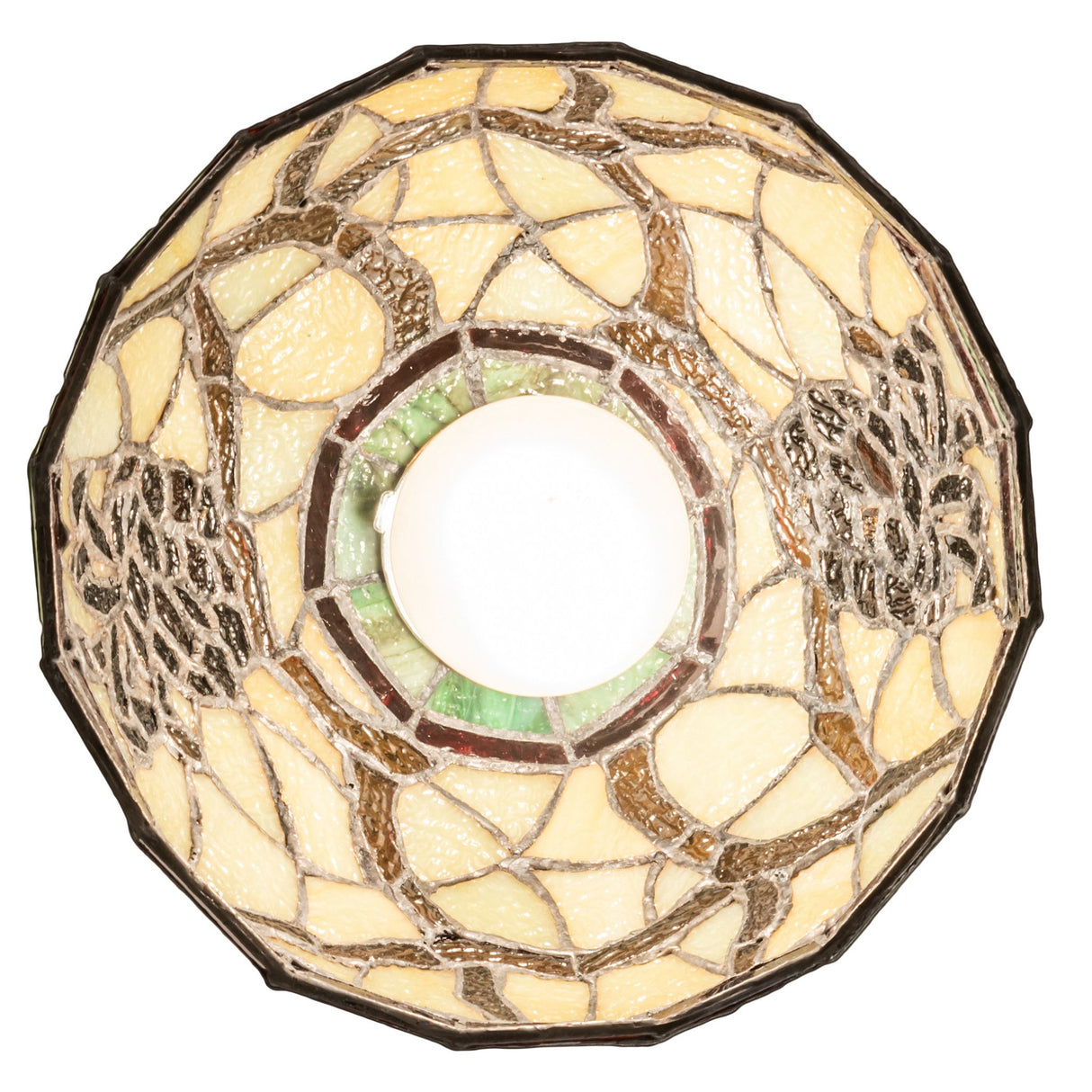 bottom view of pinecone mini pendant showcasing intricate copperfoil craftsmanship.