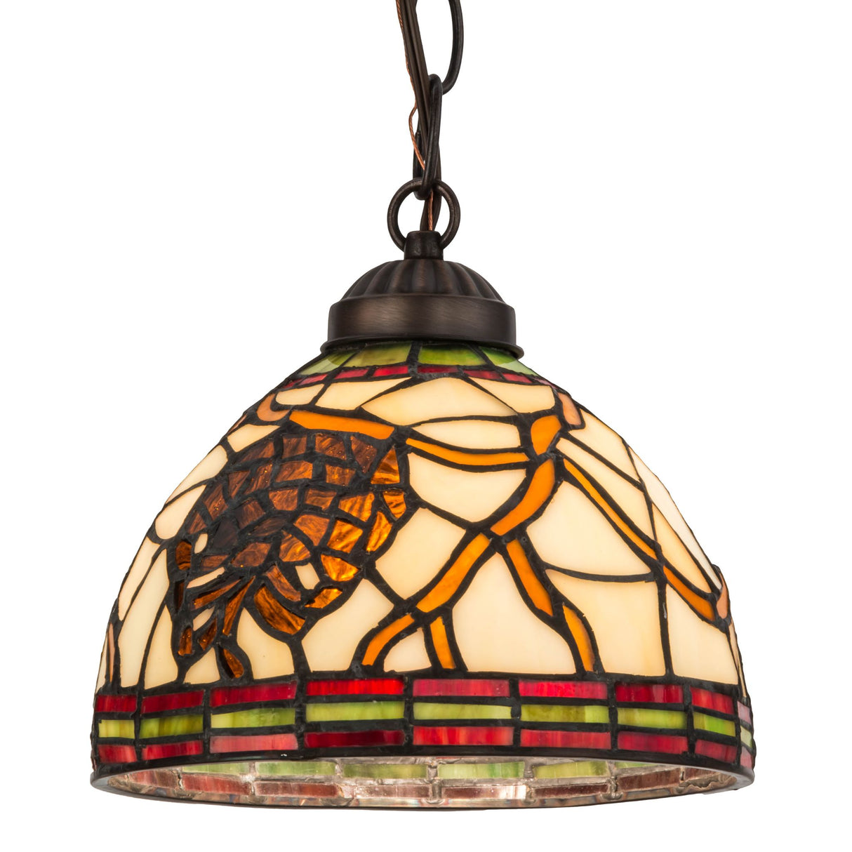 Close-up of pinecone stained glass detail.