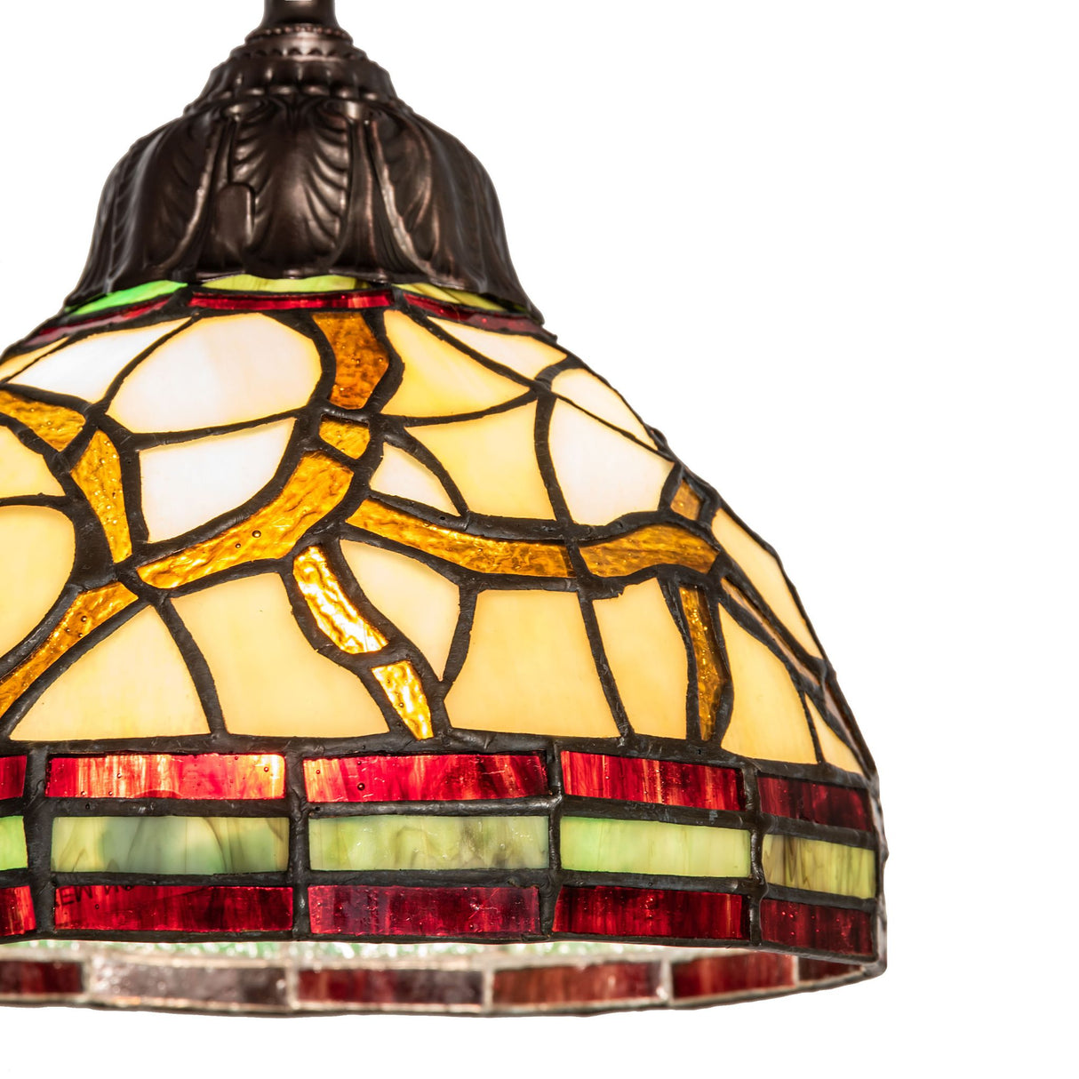 Detailed close-up of pinecone mini pendant's stained glass pattern.