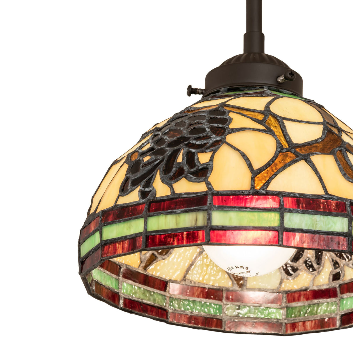 closeup view of pinecone mini pendant highlighting its woodland-themed art glass.