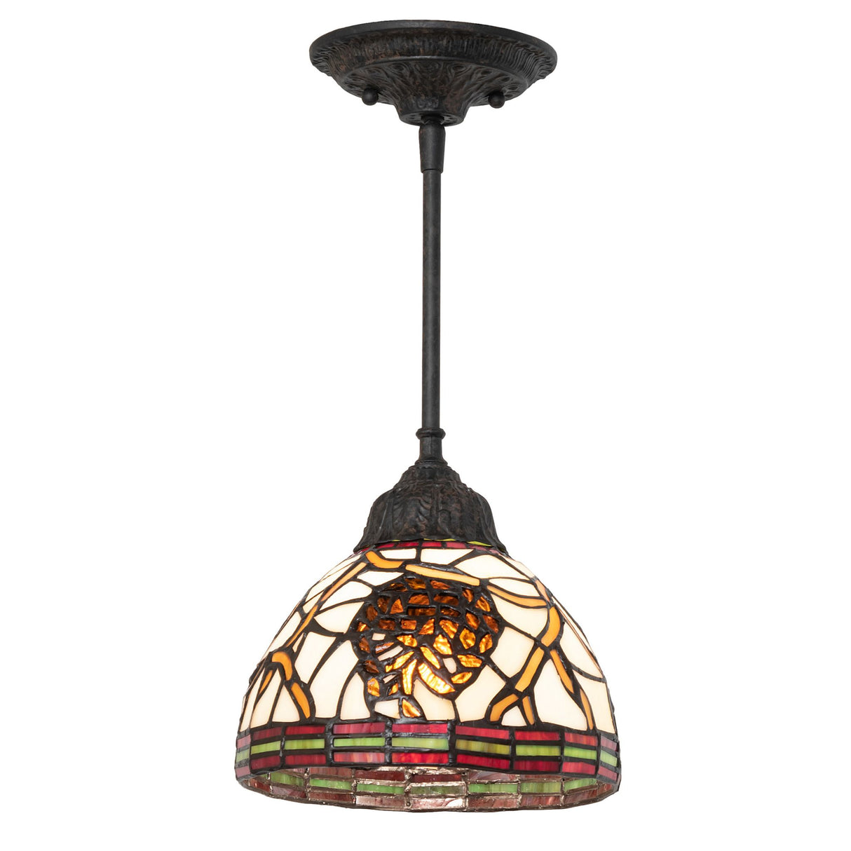 Front view of Pinecone Mini Pendant with beige glass and bronze finish.
