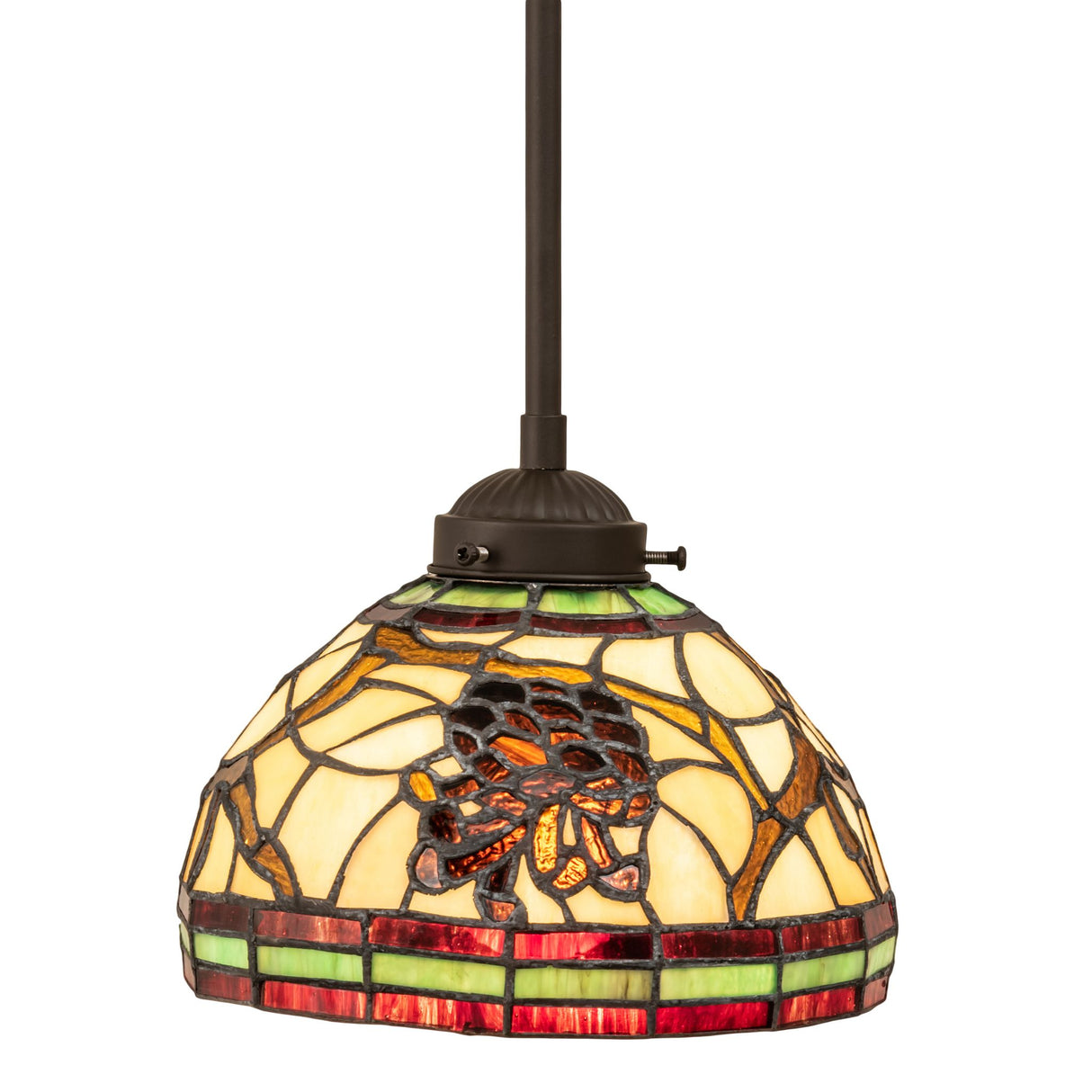 detailed glass view of pinecone and branch patterns on mini pendant.