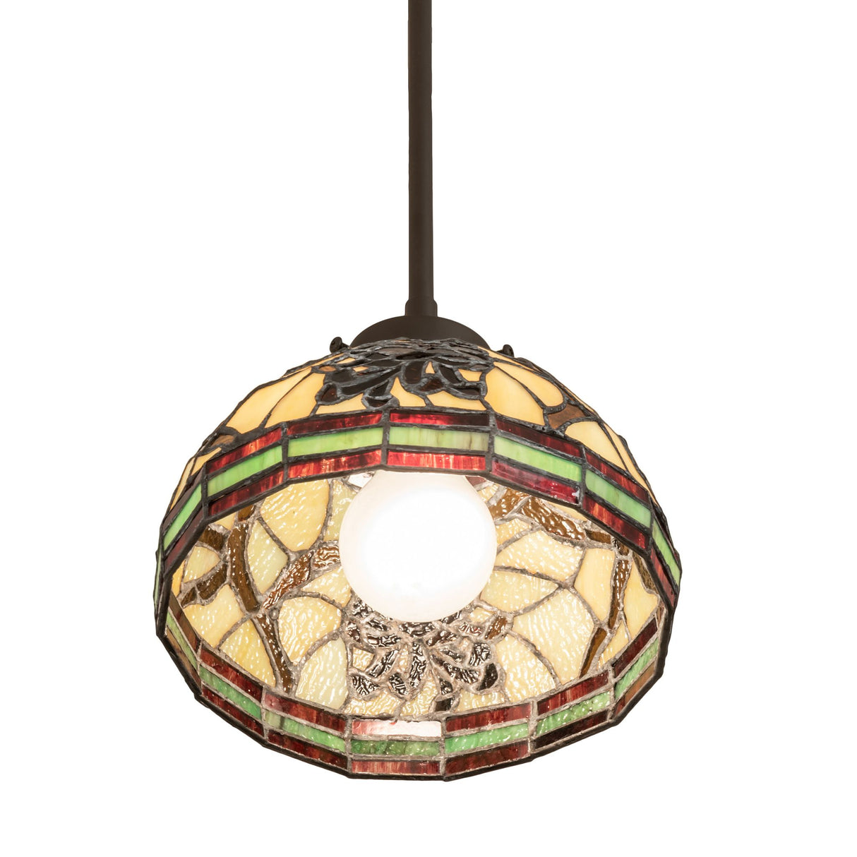 illuminated view of pinecone mini pendant casting warm light.
