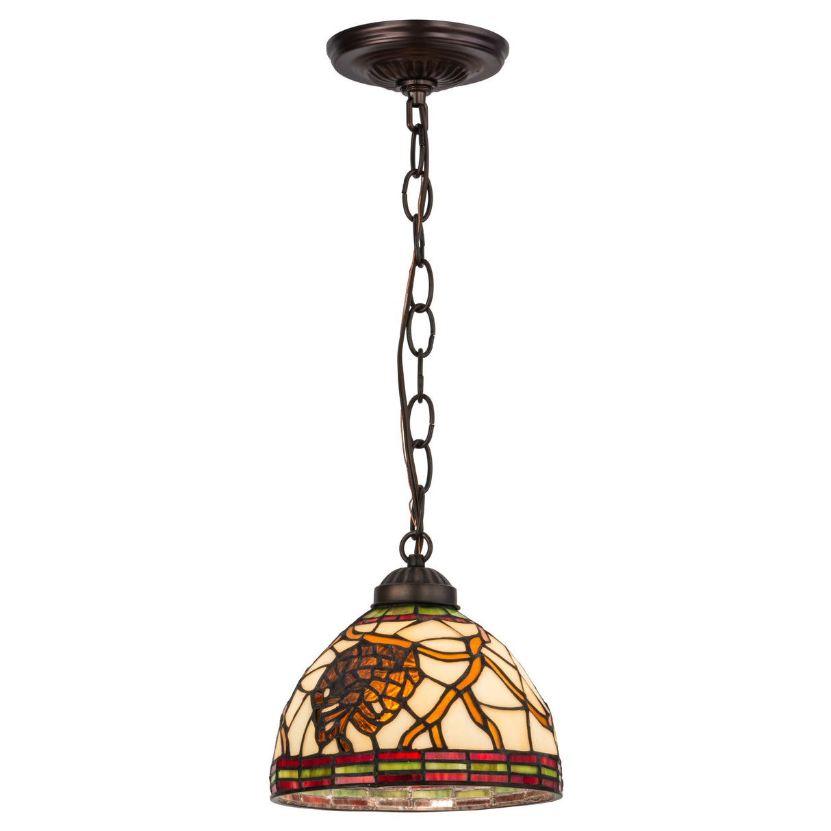Illuminated pinecone mini pendant with Tiffany glass.