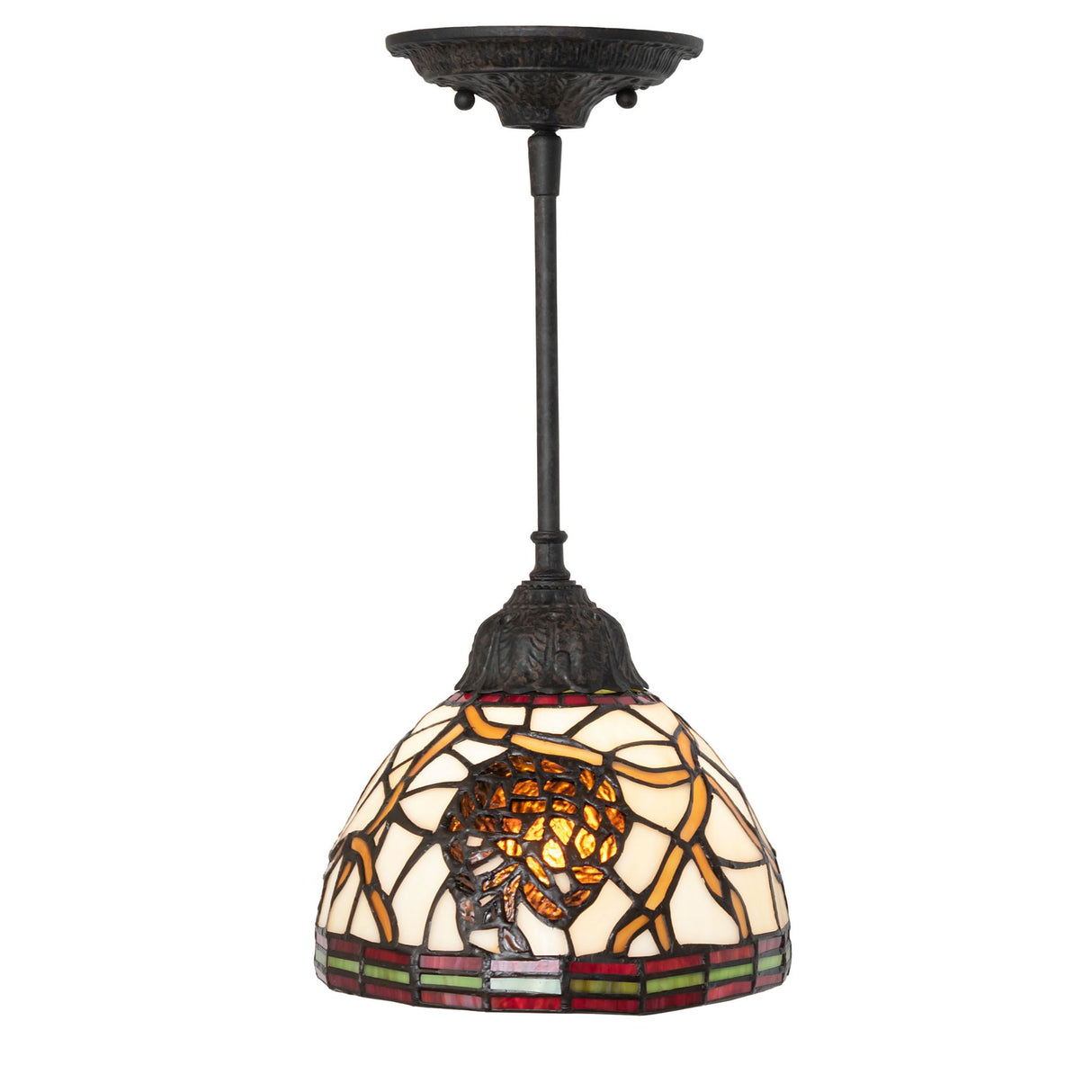 Lit Pinecone Mini Pendant showcasing warm beige and burgundy stained glass.