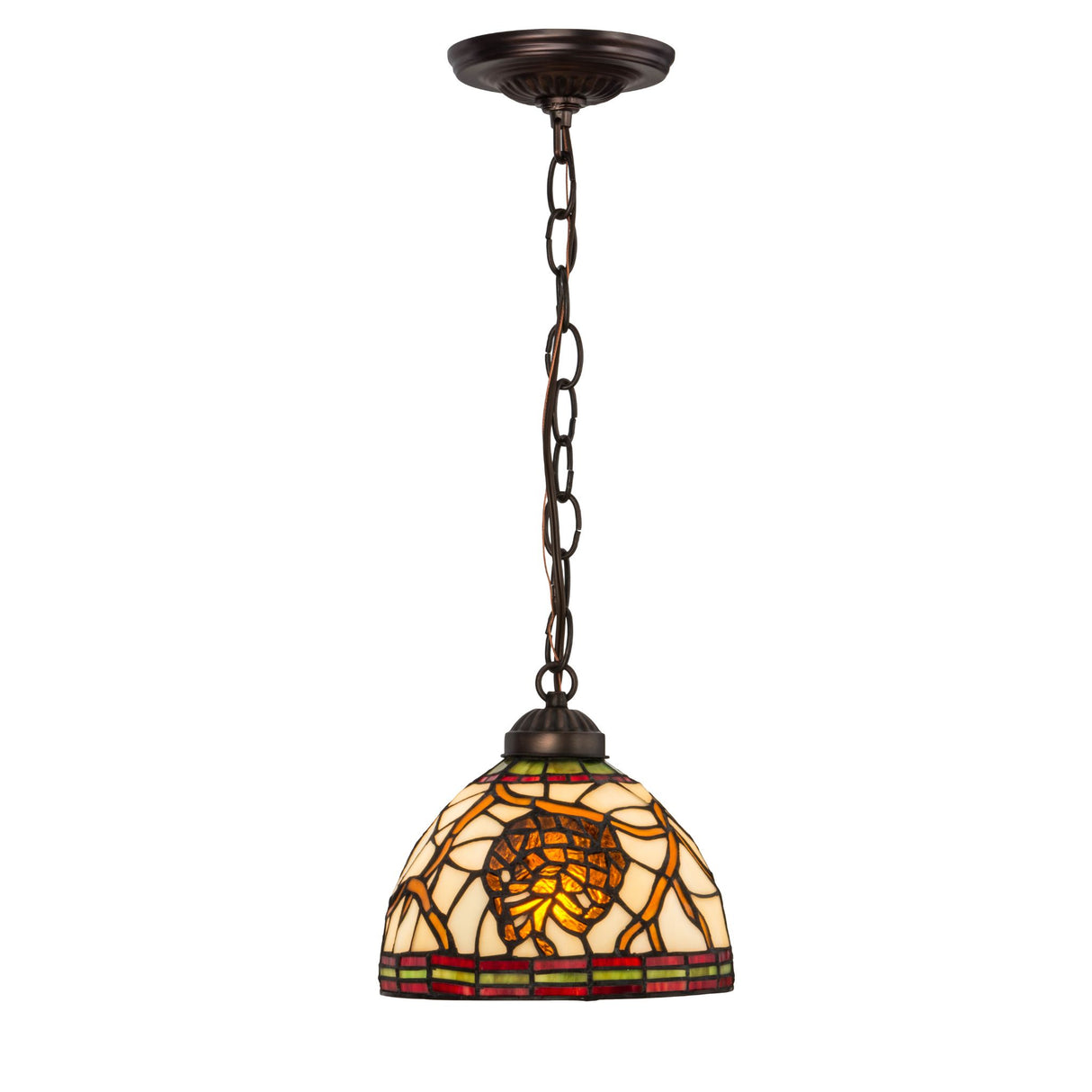 Side view of pinecone stained glass pendant.