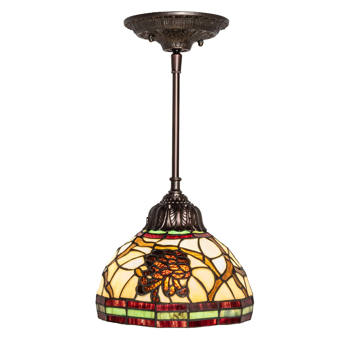 Side view of the pinecone mini pendant showcasing intricate stained glass.