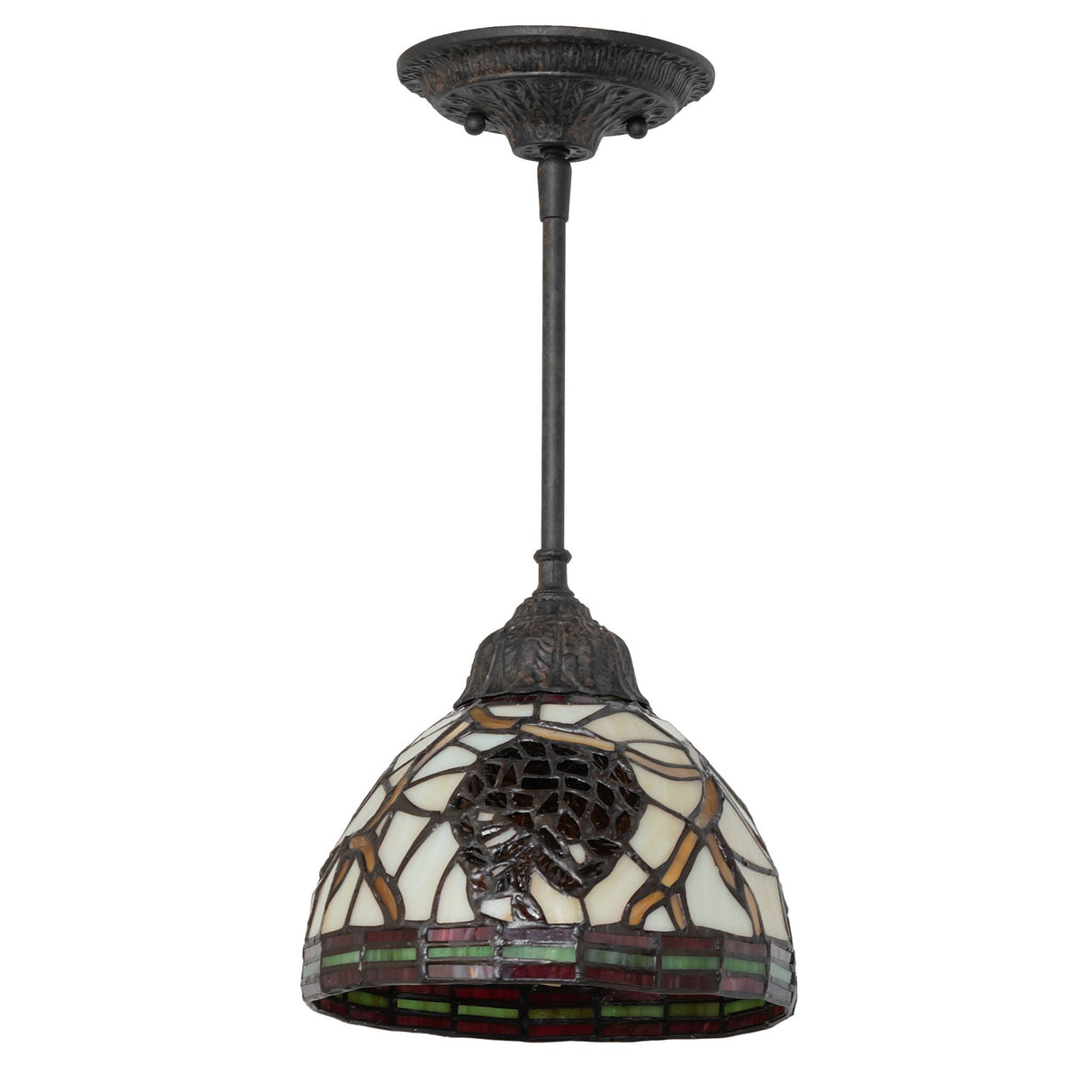 Side view showing the pinecone pattern on the beige glass shade.