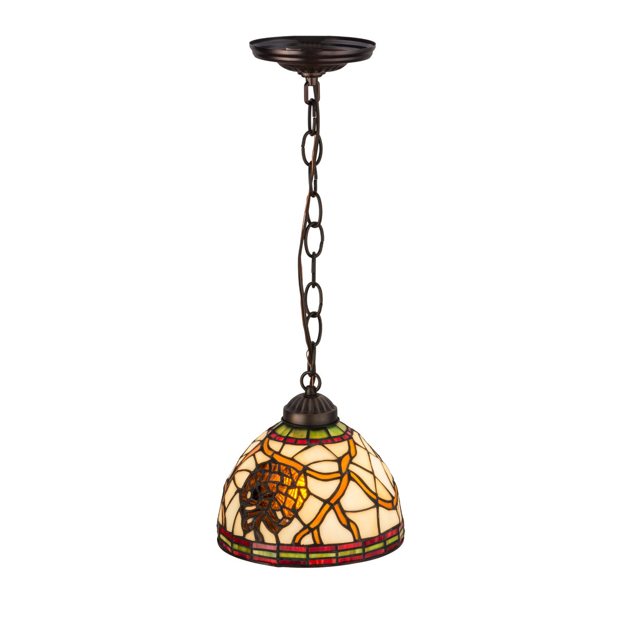 Top angle view of Pinecone mini pendant with stained glass shade.