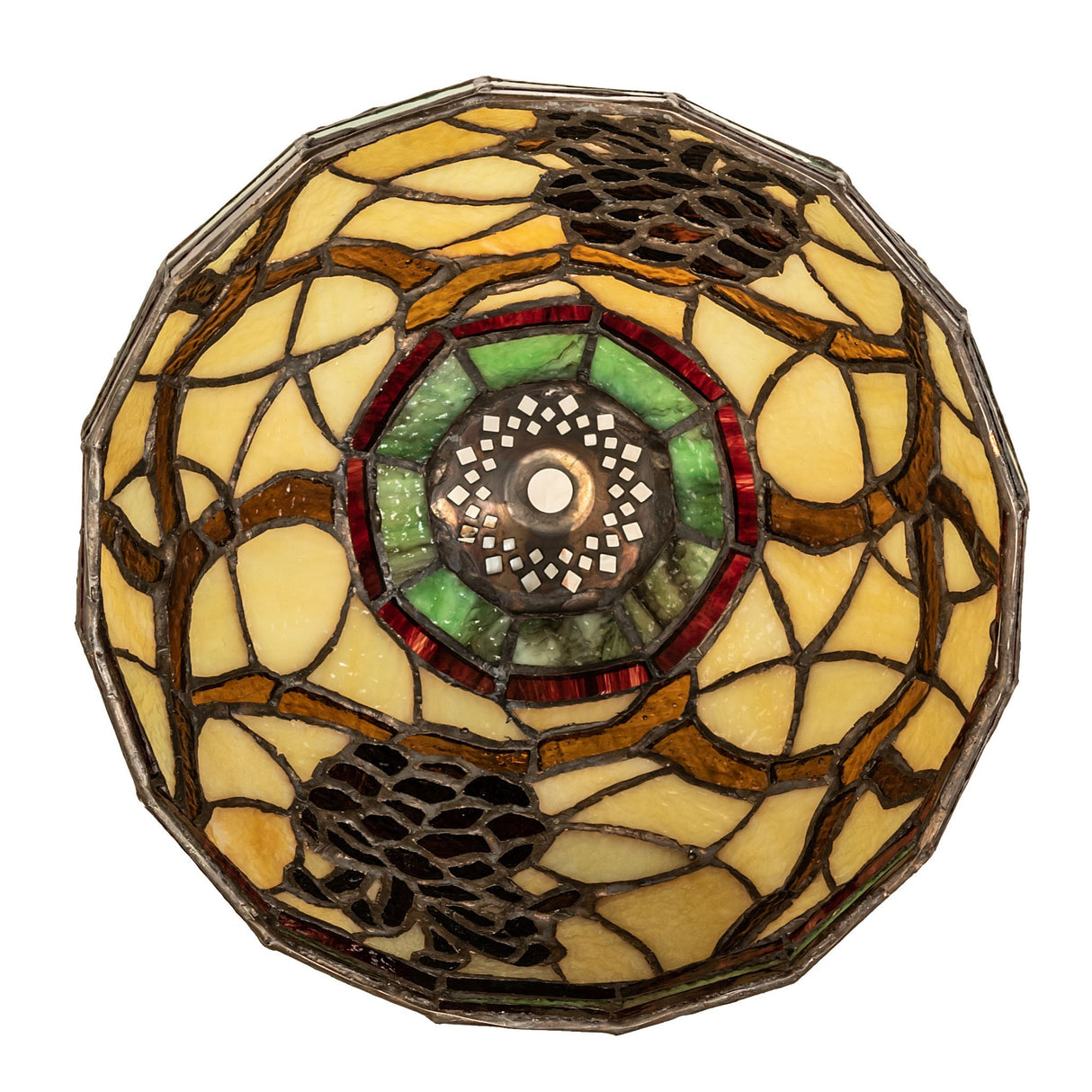Bottom view displaying the detailed stained-glass arrangement and decorative finial hole.