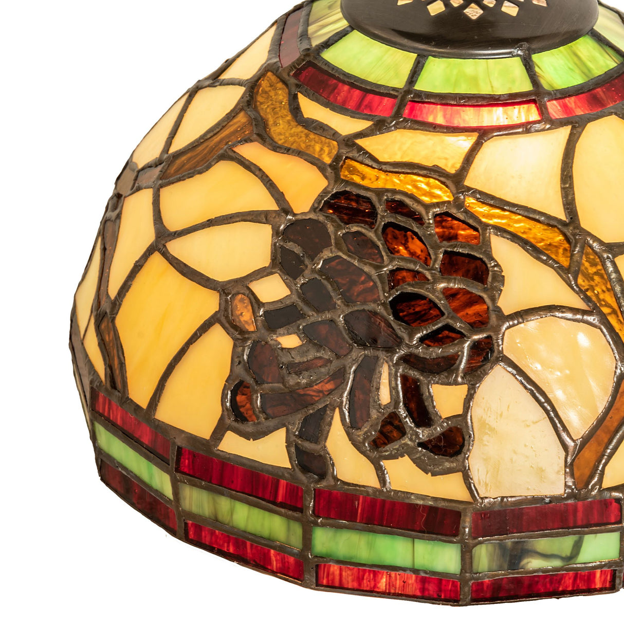 Closeup view of the pinecone design with textured glasswork and hand-applied copper foil.