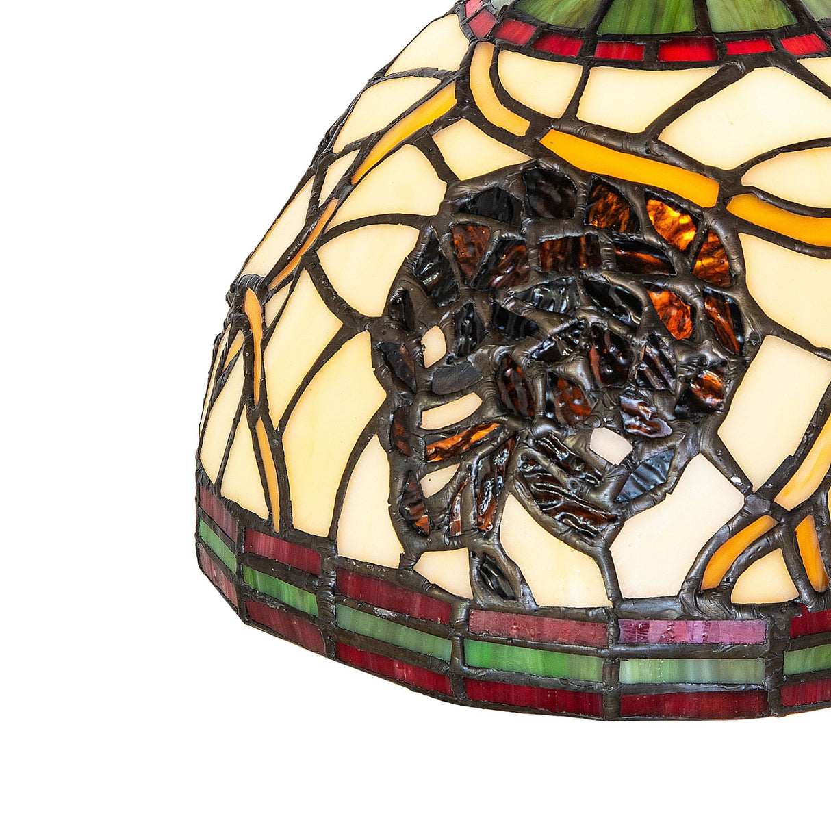 Detailed view of Pinecone Shade, highlighting the textured pinecone motif and rich stained glass colors.